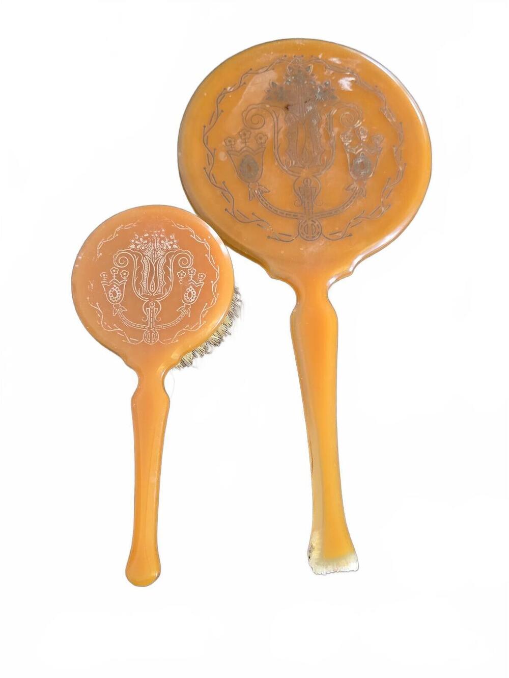 Vintage 1920s Pyralin Celluloid Vanity Set - Hand Mirror & Hair Brush